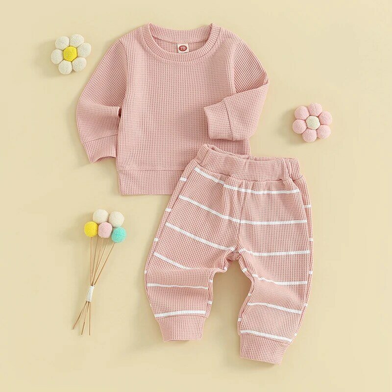 Conjunto de pantalones de manga larga para bebé, Sudadera de cuello redondo con pantalones de chándal a rayas, traje de 2 piezas para niñas y niños