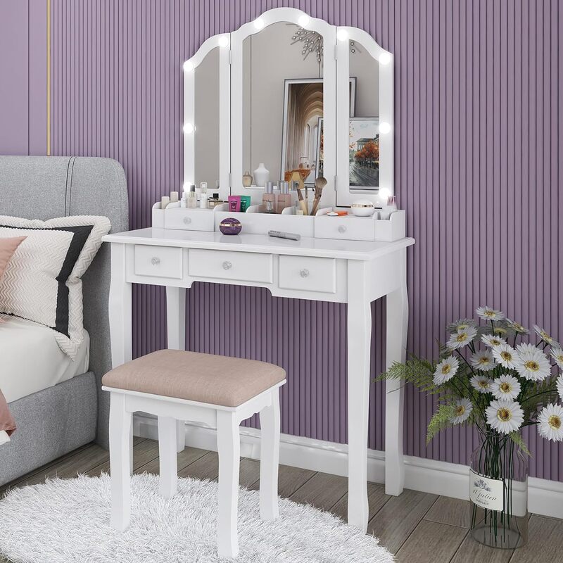 Makeup Set Teen  Set White  Desk with Mirror and Lights Vanity Table with Lights Makeup Vanity with Lights Mirror