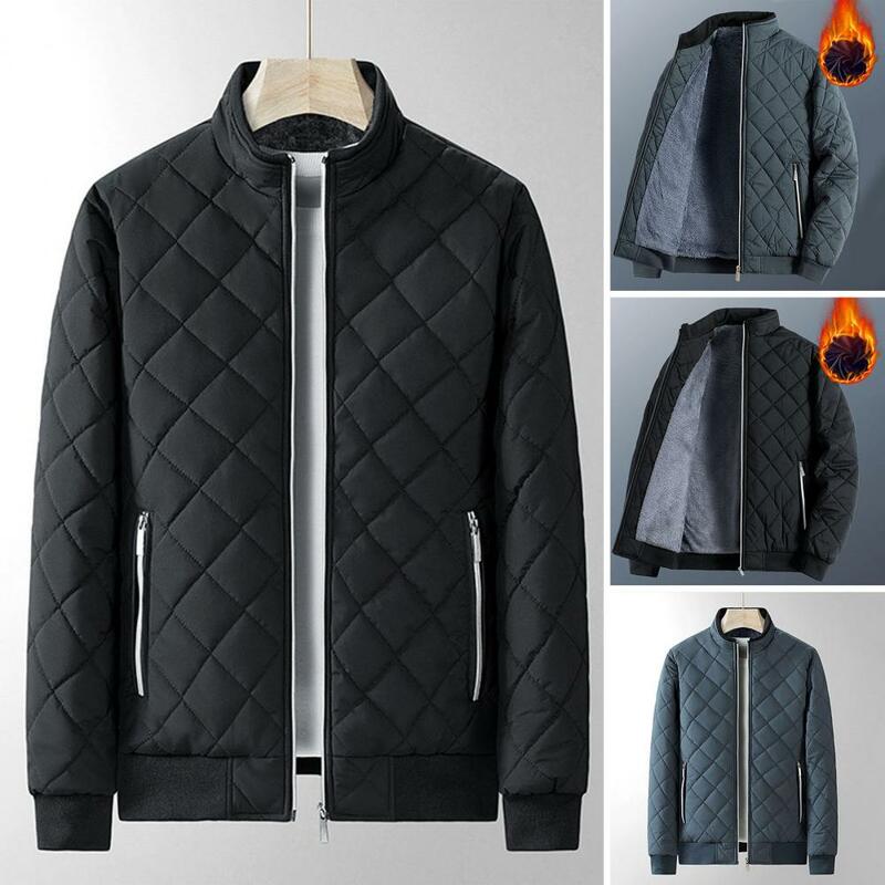 Losango masculino em relevo jaqueta Slim Fit acolchoada, forro de lã quente, zíper, casaco elegante, outono