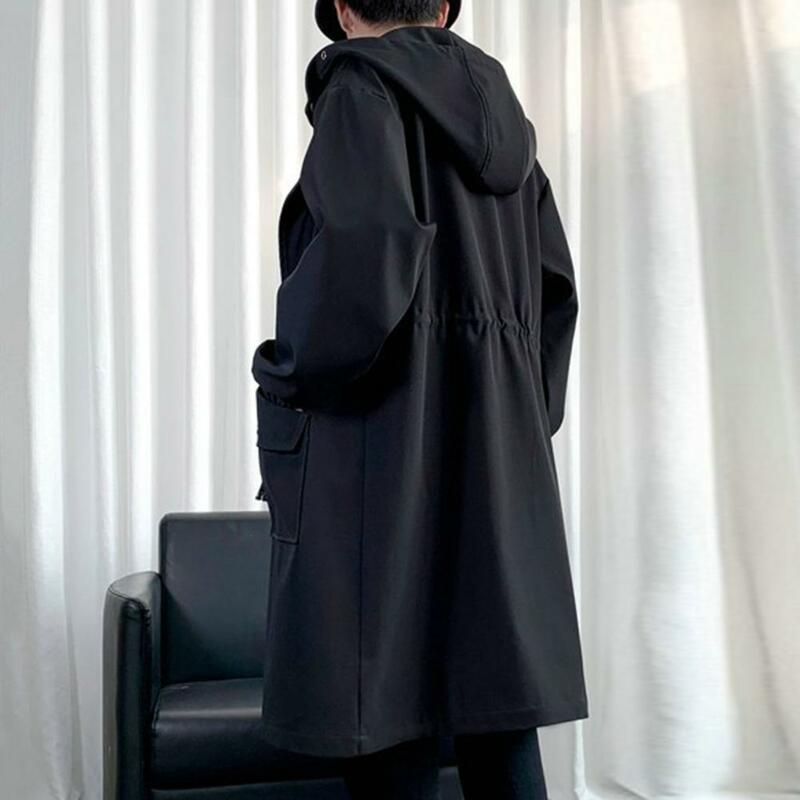Trench coat com capuz de manga comprida com zíper masculino com bolsos grandes, comprimento médio Design, monocromático, à prova de vento, elegante