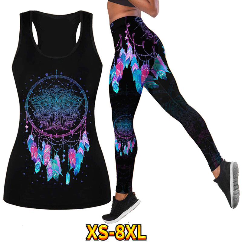 Lotus Pattern Sexy Ladies Breathable Vest Casual Quick Dry Yoga Pants Running Fitness Color Pattern Printed Summer Style XS-8XL