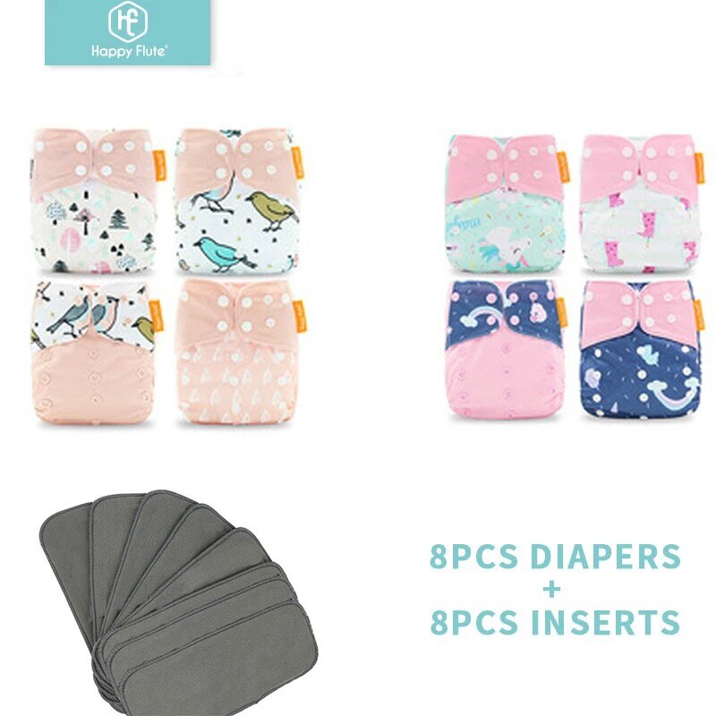8 pieluszek + 8 wkładek Pieluchy tekstylne dla niemowląt Jeden rozmiar Regulowane, nadające się do prania pieluszki materiałowe wielokrotnego użytku dla dziewczynek i chłopców