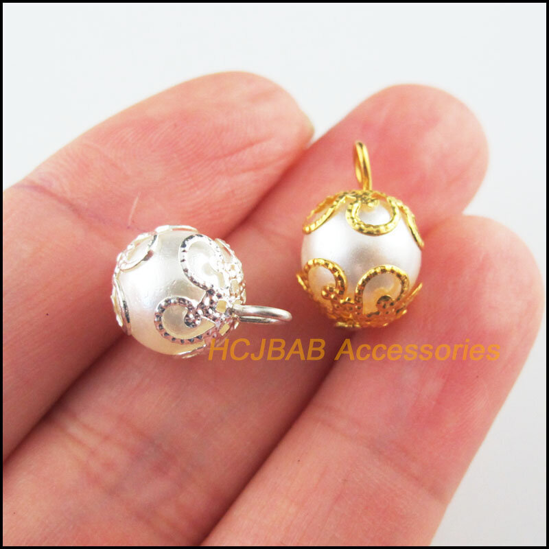 25Pcs Gold Silver Plated Flower Round Acrylic White Beads Charms Pendants 10mm