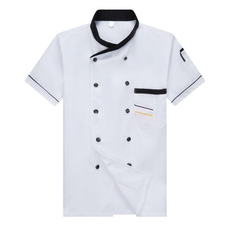 Koszula szefa kuchni dwurzędowy naszyta kieszeń guziki z krótkim rękawem gotowanie restauracja Unisex Plus rozmiar szef kuchni jednolita restauracja odzieży