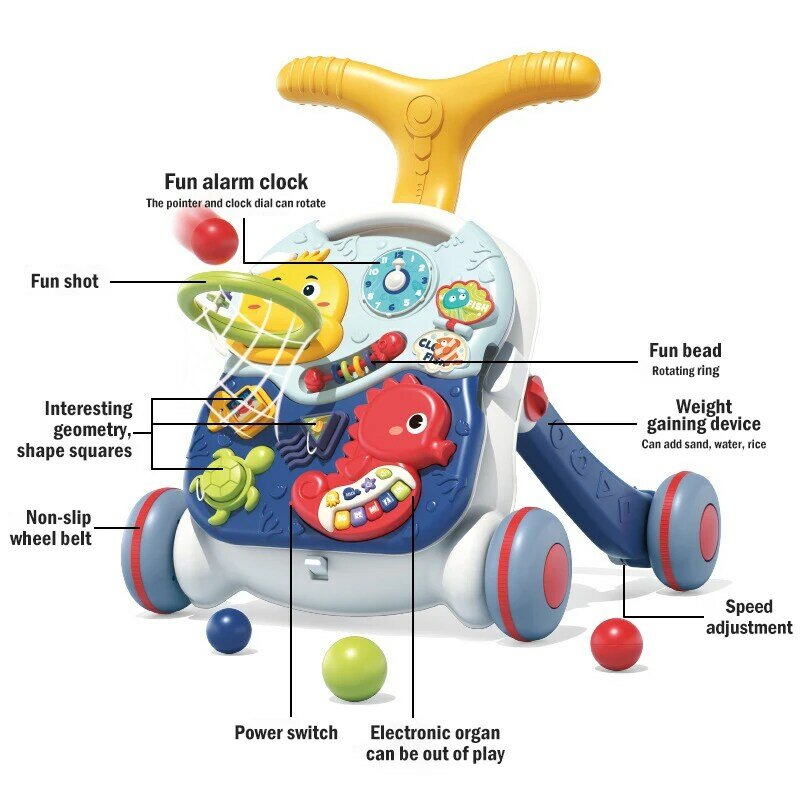 Ajustável Anti-Rollover Baby Walker, Toddler Hand Push, Correção Perna, Multifuncional, Basquete, Brinquedos de Aprendizagem Musical, Assento de carro