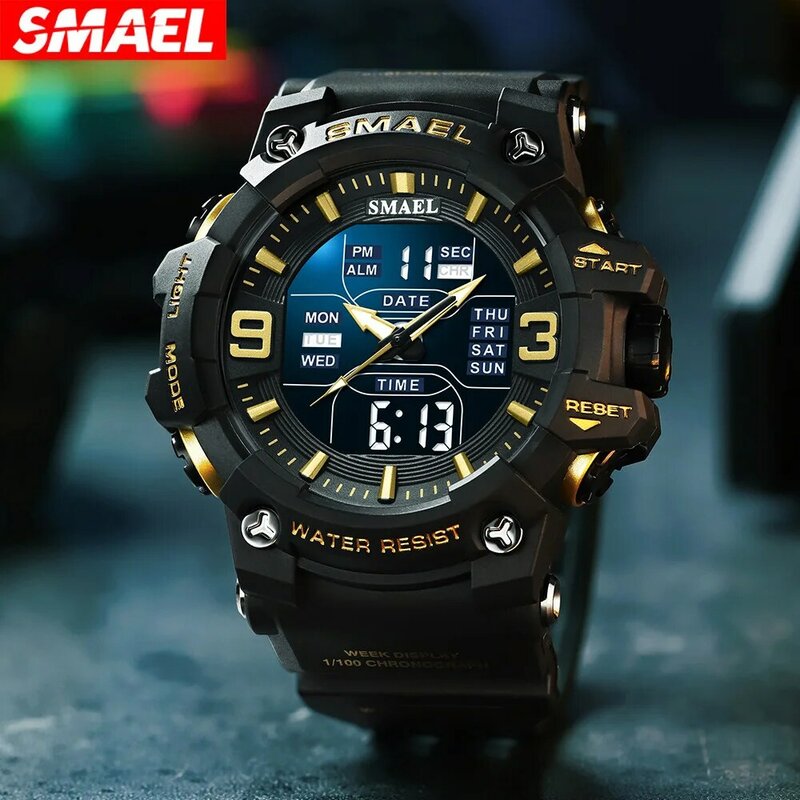 SMAEL 8049 Men's Electronic Watch Fashion Cool Black Waterproof Pointer Digital Display Silicone Strap Male Wrist Watches