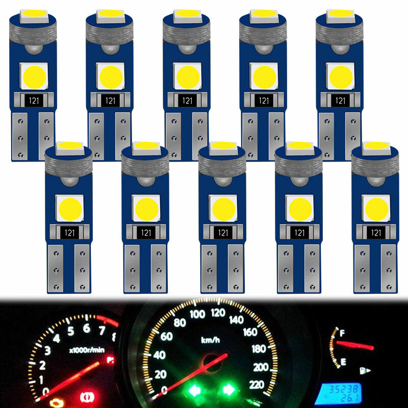 10ชิ้นหลอดไฟ LED T5 W1.2W W3W LED CANbus สำหรับเครื่องปรับอากาศปุ่มเครื่องมือไฟ LED แผงหน้าปัดปุ่มเตือน