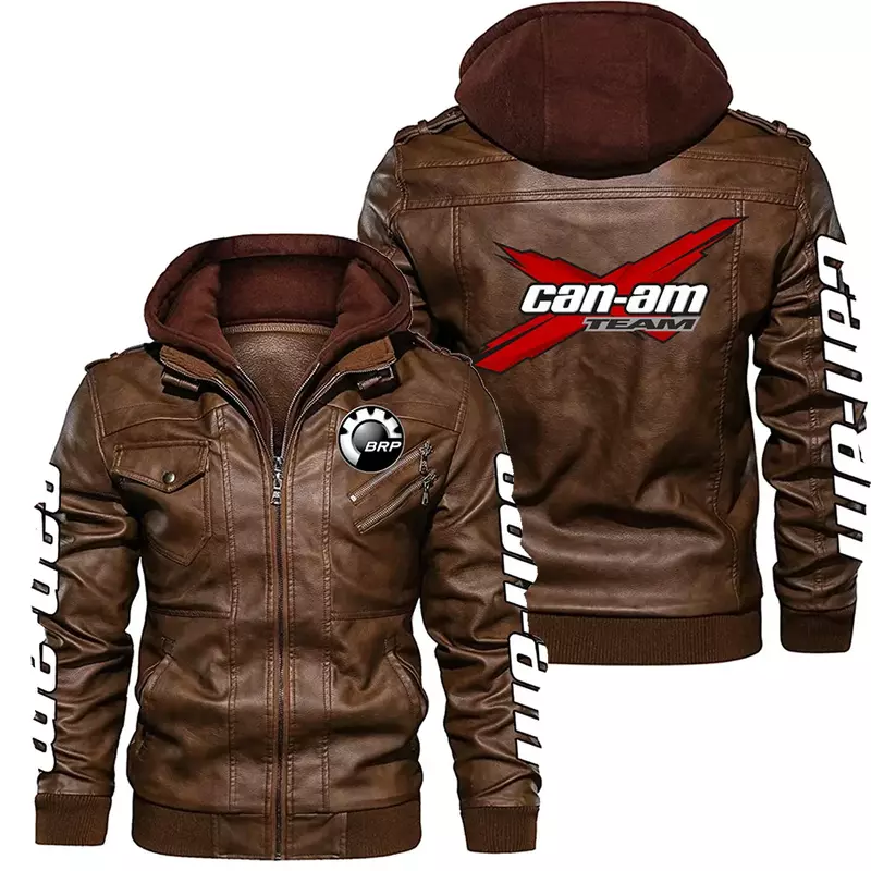 2023 baru jaket bertudung ritsleting lengan kulit Pu panjang Logo Brp Can-am Fashion Eropa pria musim dingin mantel tetap hangat
