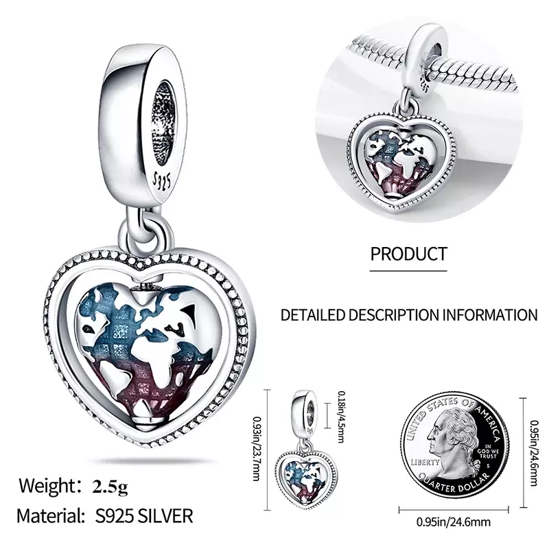 Colore argento World Globe Hanging Beads Charms adatto per il braccialetto Pandora in argento 925 originale che fa gioielli da donna fai da te