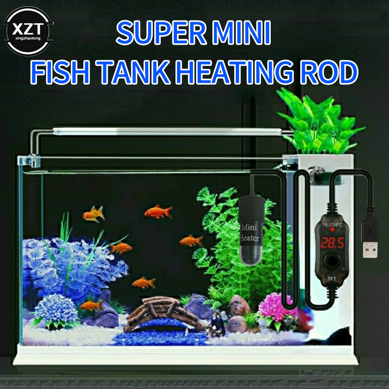 New Aquarium Fish Tank Heater USB LED Heating Rod Adjustable Temp Controller Small Aquarium Fish Turtle Tank Heater Protection