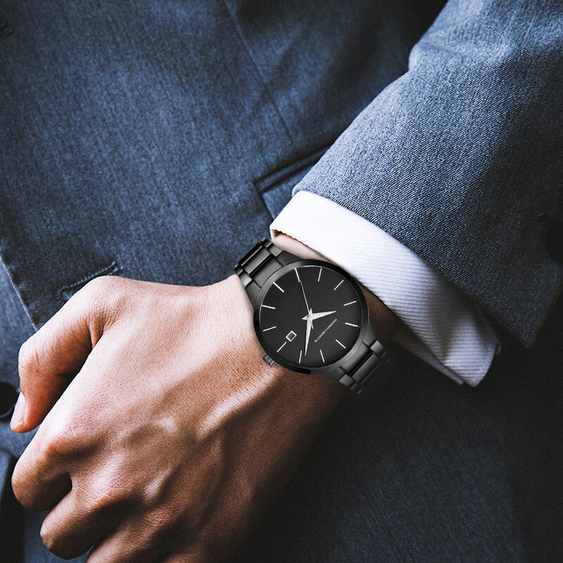 Mężczyźni oglądają luksusowy kalendarz ze stali nierdzewnej moda Quartz pełna czerń biznesowy wodoodporny zegarek sportowy Relogio Masculino