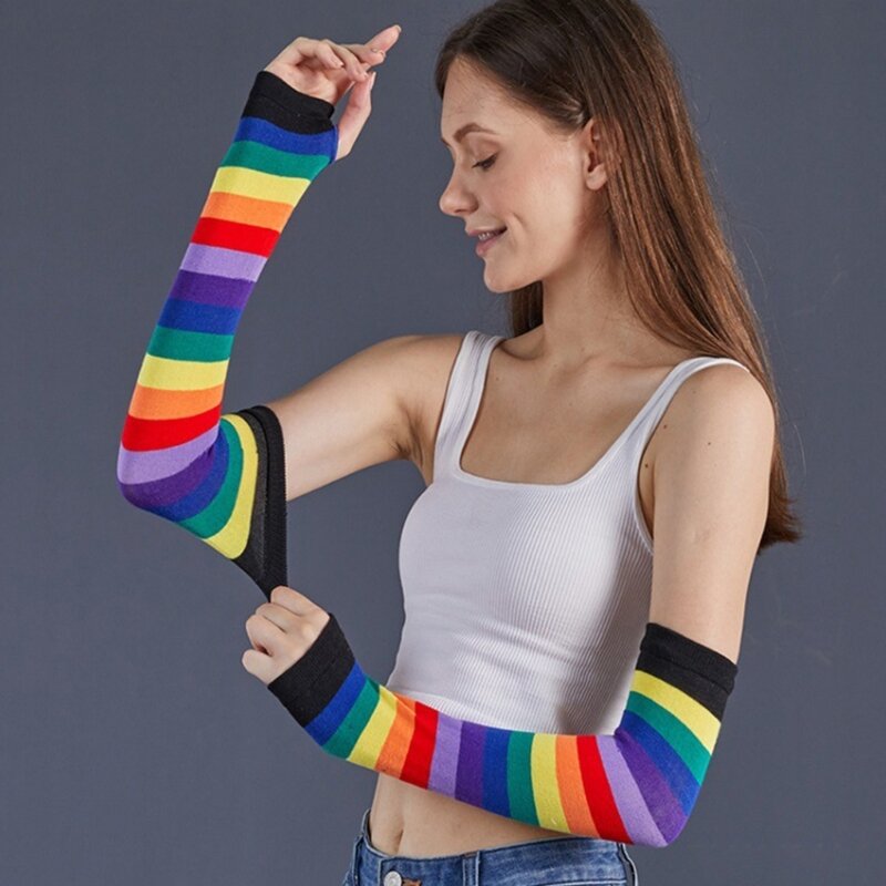 Luvas sem dedos listradas coloridas para mulheres braço mangas festa luvas decorativas arco-íris para adolescentes