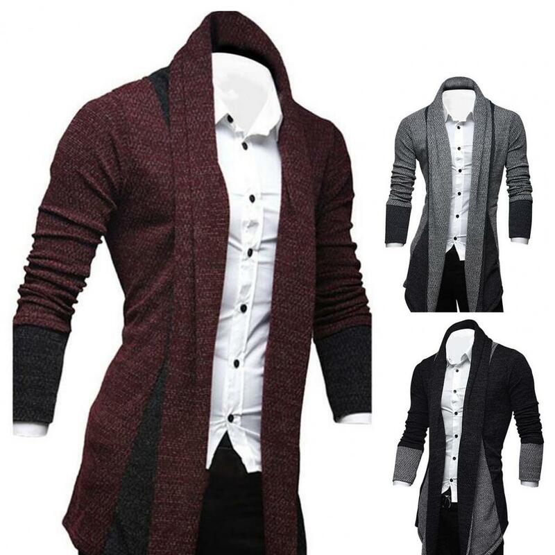 남성용 패치워크 스탠드 칼라 스웨터 코트, 시크한 중간 길이 따뜻한 슬림 가디건, 피부 친화적인 아우터