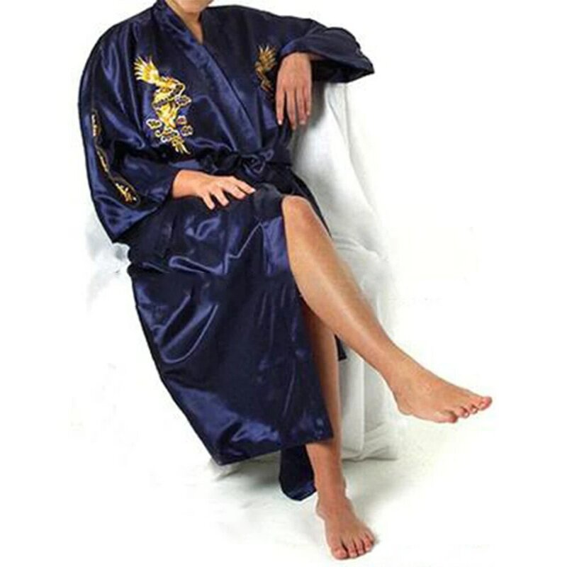 Heren Satijnen Chinese Draak Geborduurde Badjas Nachtkleding Zijde Kimono Badjas Pyjama Casual Losse Jurk Badjas Nachtkleding