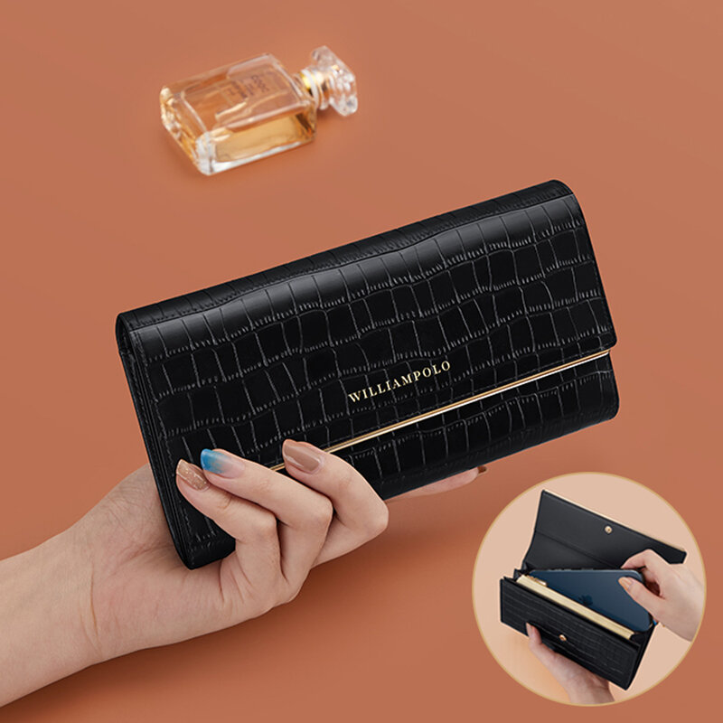 WilliamPolo-女性用の長い革製財布,ジッパー付きラッチ,電話バッグ,コインポケット,カードホルダー