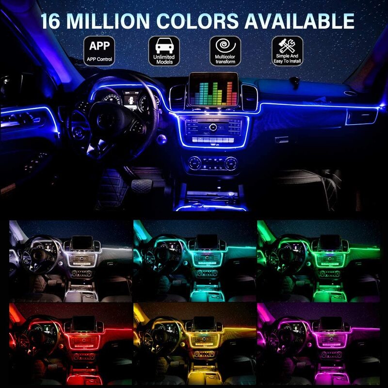 네온 자동차 LED 인테리어 조명 RGB 주변 조명 광섬유 키트 앱 무선 제어 LED 자동 분위기 장식 램프