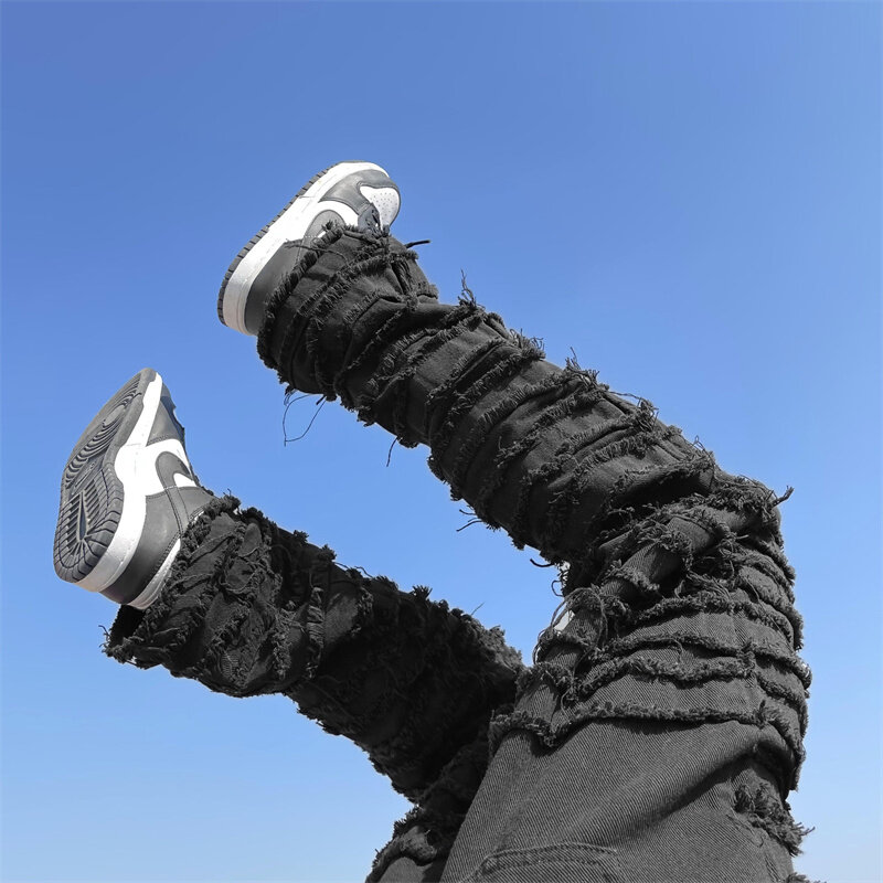 Rua americana hip-hop indústria pesada rasgado jeans masculinos 2023 primavera em linha reta solto estilo vibe skate branco queimado calças