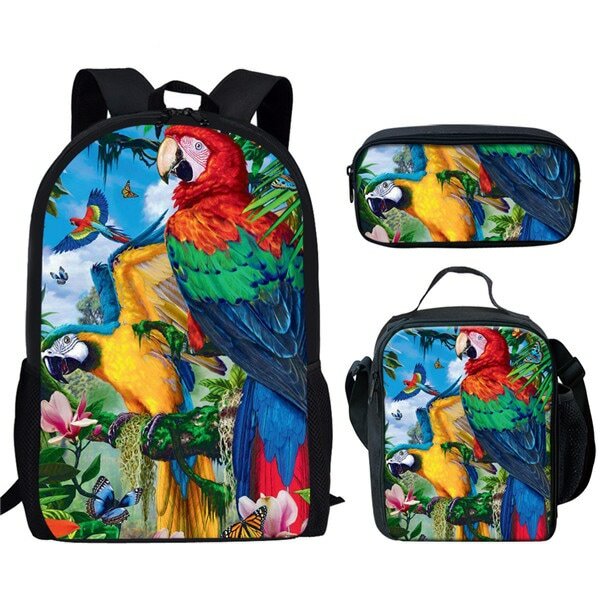 3 sztuk/zestaw plecak szkolny z wzór papugi dla ptaków zwierząt dla chłopców dziewcząt plecak na co dzień torba na książki studencki z piórnik na Lunch