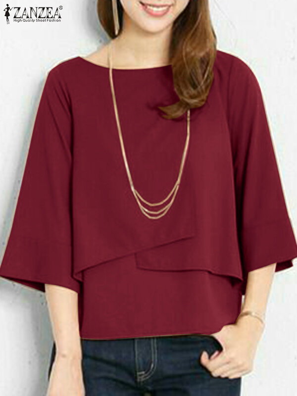 ZANZEA-Blusa de dos capas para mujer, camisa informal de media manga con cuello redondo, elegante y sencilla, color liso, para verano, 2024