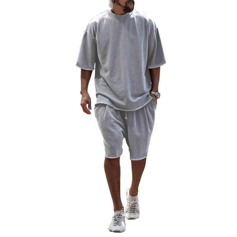 Conjunto de camiseta e shorts de manga curta solta masculino, camiseta monocromática grande casual, nova, primavera, verão 2024