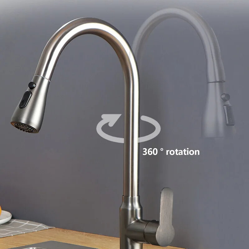 Kitchen Faucets Brushed Nickel Pull Out Kitchen Sink Water Tap Deck Mounted Mixer Stream Sprayer Head Hot Cold Taps Sliver