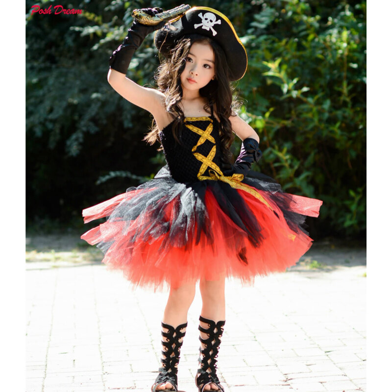 POSH DREAM New Halloween Pirates Kids Girls Costume Costume with Hat Pirates Tutu Dressed Up Black Toddler Girls Cosplay Clothes