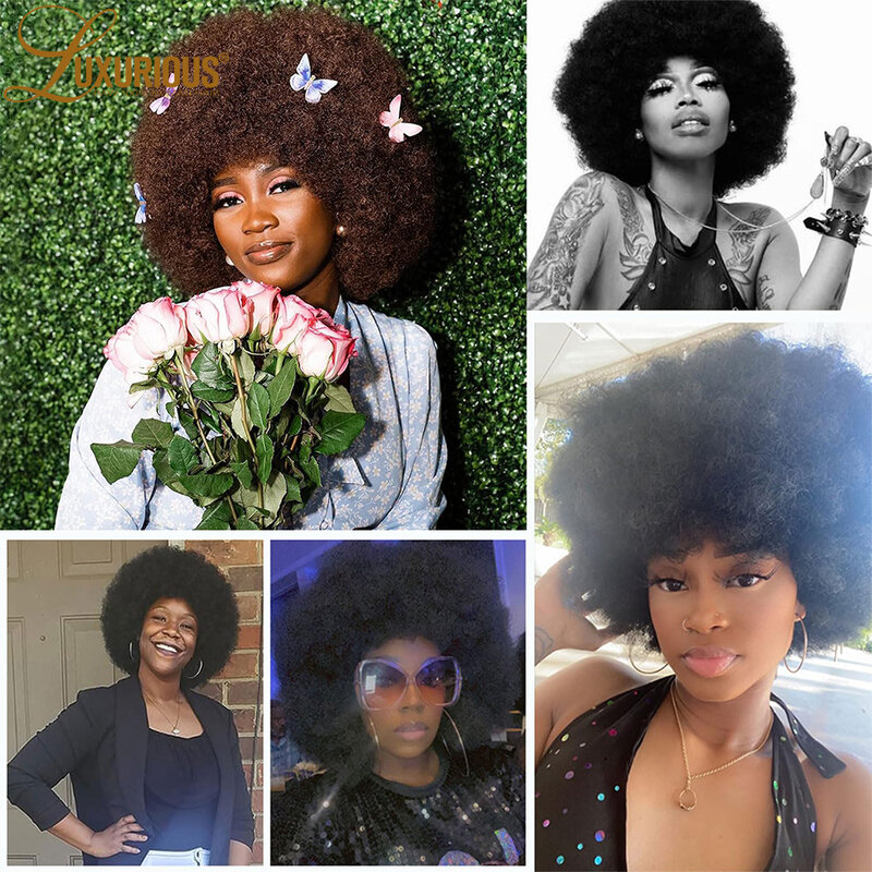 Afro Kinky Curly Wig para Mulheres Negras, Perucas de Cabelo Humano Remy Virgem Brasileira, Glueless, Pré Arrancado, Grande Bouncy, Máquina Feita