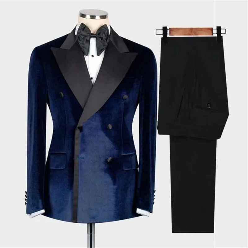 Пиджак мужской деловой, элегантный двубортный бархатный черный пиджак с заостренным воротником и брюки, облегающий костюм, 2 предмета