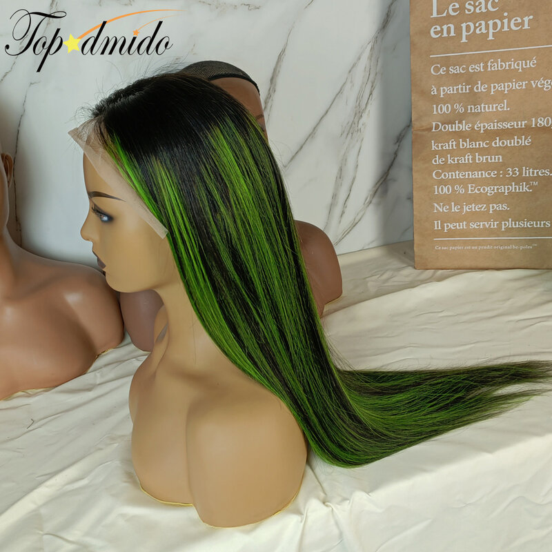 Topodmido-Destaque a cor verde peruca dianteira do laço com cabelo do bebê, cabelo humano peruano, cabelo remy, peruca de fechamento para mulheres, 13x4, 4x4