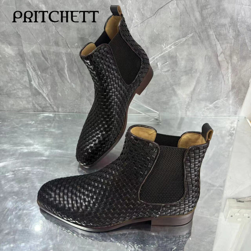 Black Braided Western Boots Round Toe Slip-On Elastic Personalized Ankle Boots Fashionable Large Size Men's Short Boots