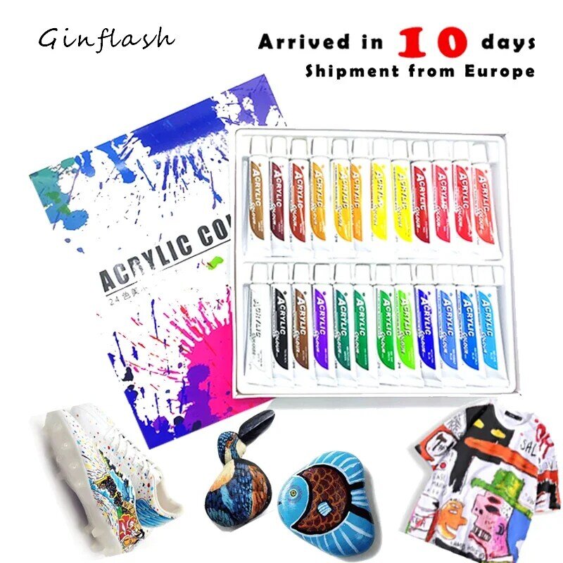24 colori 12ML/tubo colori acrilici set pittura murale colore arte pittura tessuto disegno set impermeabile (senza tavolozza di pennelli)