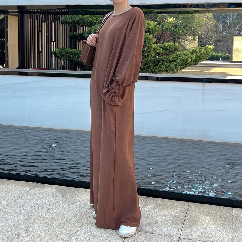 Длинное однотонное платье-комбинация под абайю, мусульманская одежда с дымчатыми манжетами, мусульманская женская Повседневная скромная хиджаби-одежда Дубая, Тюрка