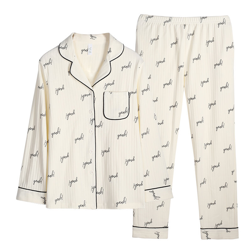 Letter print cotton autumn winter pajama set women sleepwear casual long sleeve lapel cardigan pyjamas female home clothes
