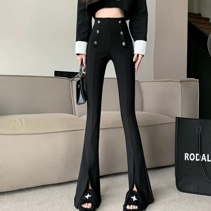 Summer Korean Women Clothing Fashion Black Slit Flare Pans Elastic High Waist Office Lady Casual Skinny Straight Suit Trousers