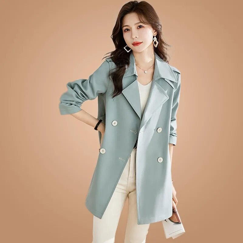 Mantel wanita Korea, gaya Preppy mantel Khaki gaya Korea saku lengan panjang longgar Vintage mantel Chic jaket