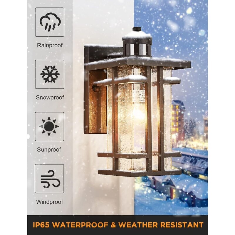 Outdoor Wall Lamp, Exterior Light Fixtures Wall Mount, 3 Modes Motion Activated, Outside Wall Sconce with Seeded Glass