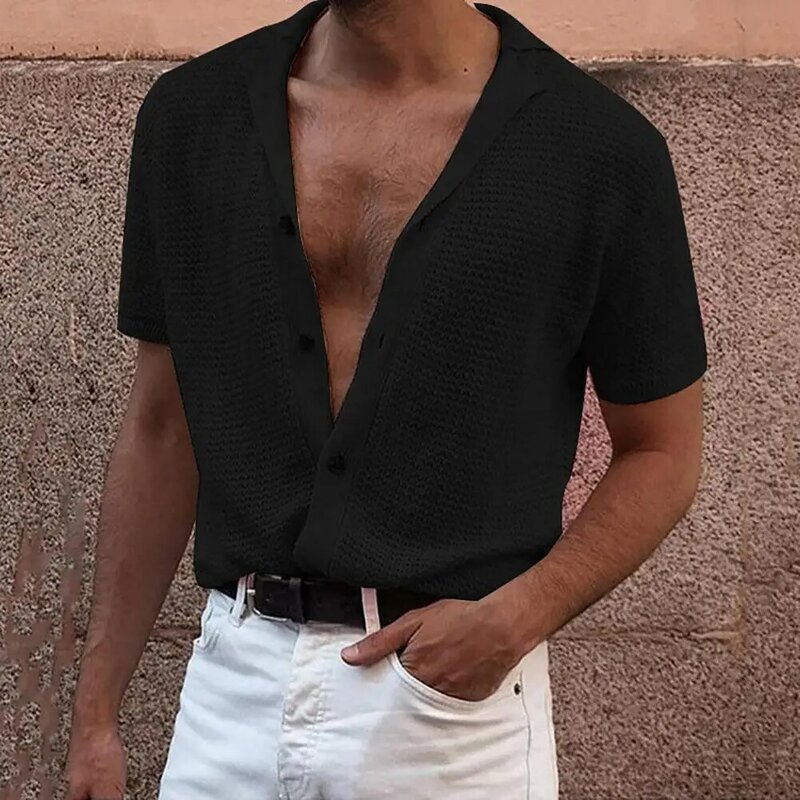 Camiseta de Color sólido para hombre, cárdigan de manga corta con cuello vuelto, tipo suelto de punto, Tops de un solo pecho, ropa diaria