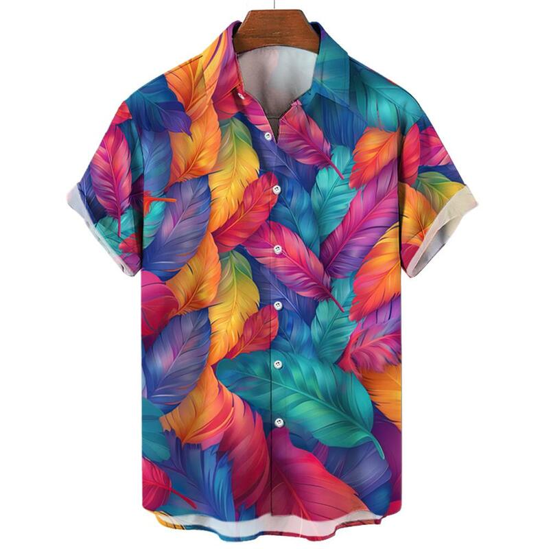 Camisas hawaianas con estampado de plumas para hombre, ropa informal de manga corta con solapa, suelta, Aloha, Verano