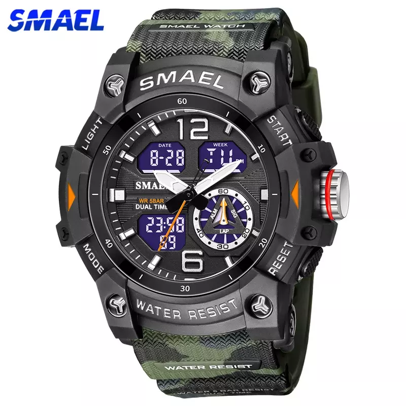 SMAEL 남성용 스포츠 시계, 카모 시계 밴드, 디지털 듀얼 쿼츠 손목시계, 디지털 LED 패션 스톱워치 알람, 밀리터리 시계