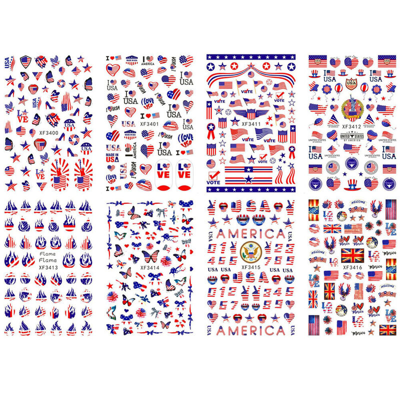 Desain Penggeser Kuku AS Baru 2022 Stiker Kuku Bendera Amerika Stiker Hari Kemerdekaan Nasional 8 Jenis Dekorasi DIY