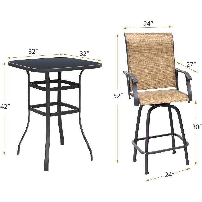 Поворотный Барный комплект из 3 предметов, высокий барный стол и стулья для патио, комплект стульев из текстиленовой ткани с ремнем, приблизительный комплект из 2 предметов