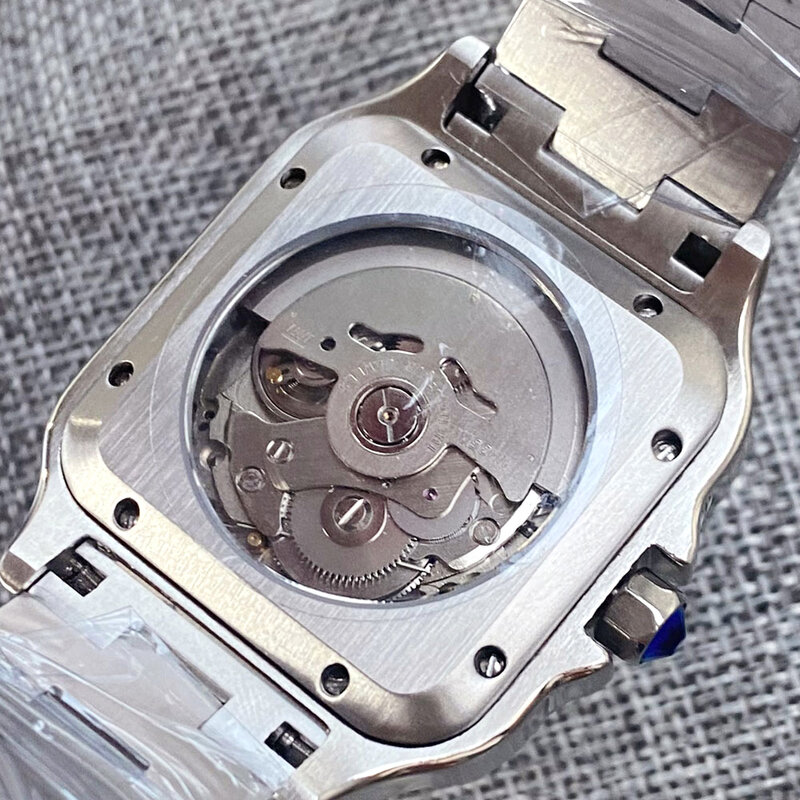 Nologo kwadratowy automatyczny stalowy zegarek męski NH35 Movt szklany powrót cyfry rzymskie biznesu zegarek na rękę ze stalową bransoletką zegar na prezent