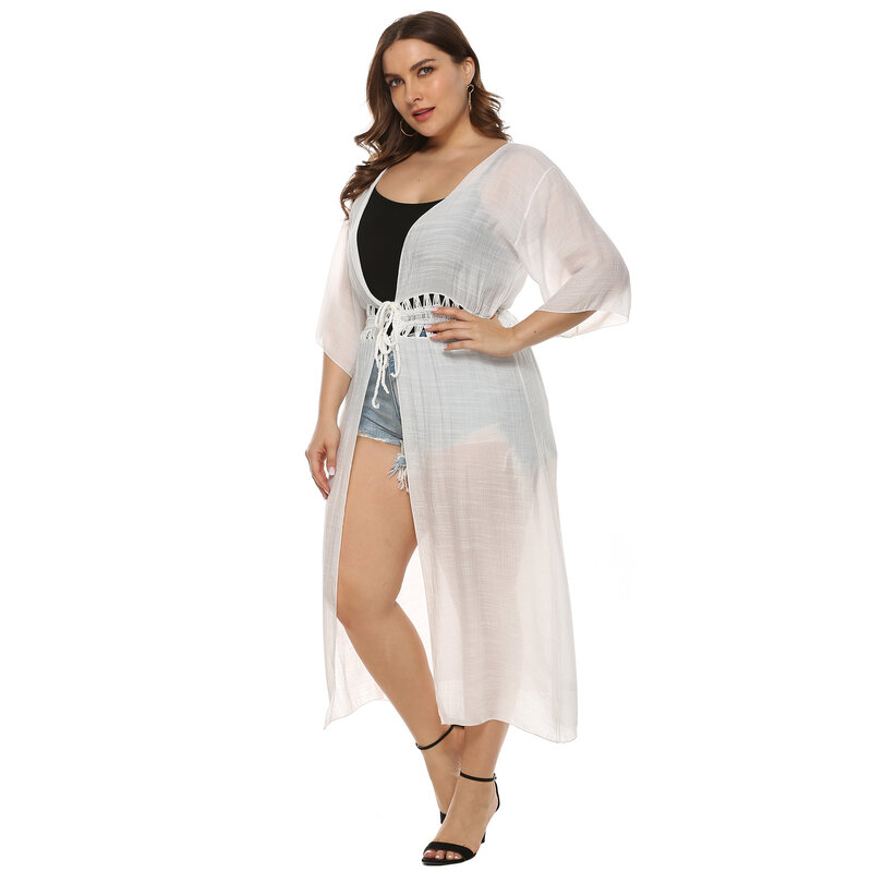 Large Size Women's Sexy Hollow Out Lace-up Long Jackets Cardigan Sunscreen Smock Wrap Coat Beach Blouse Casual Streetwear 4XL