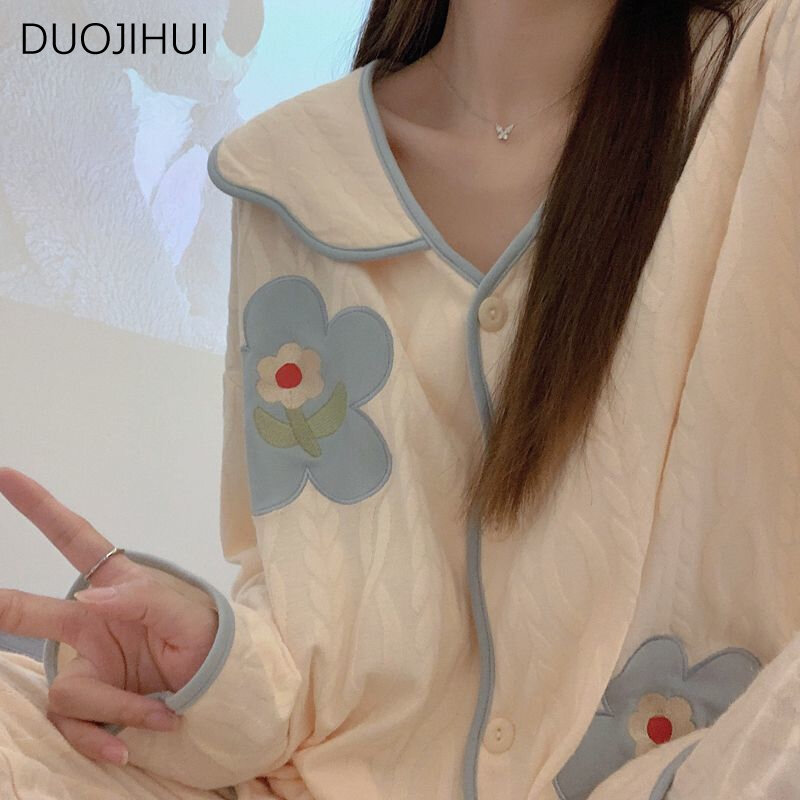 DUOJIHUI 여성용 투피스 루즈핏 캐주얼 홈 잠옷 세트, 시크한 단추 카디건, 기본 바지, 심플한 패션, 가을