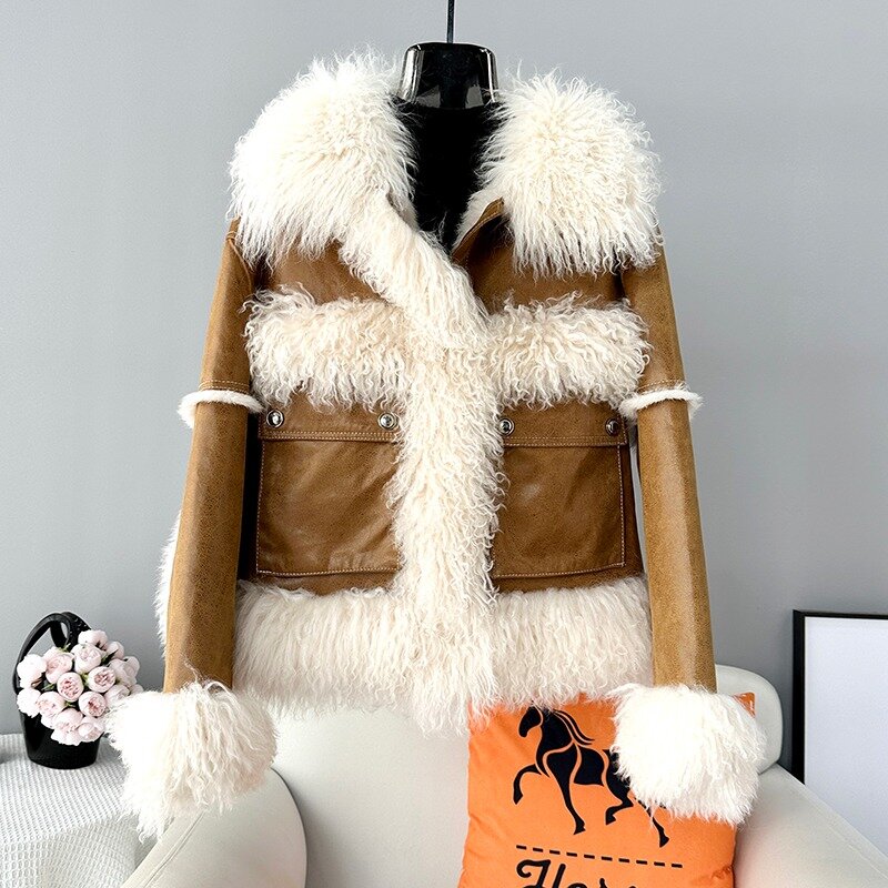 Новинка 2023, зимнее короткое меховое пальто из кроличьего меха, модная облегающая куртка из натуральной шерсти с воротником из овечьей шерсти для молодых девушек, JT442