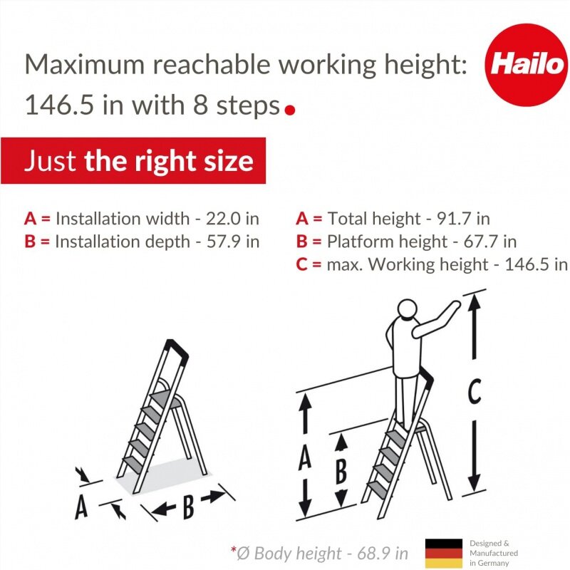 Hailo-Escada Dobrável De Alumínio, L60 StandardLine, 8 Passos, Bandeja De Armazenamento Multifuncional Integrada, Estável Tie Bar Gu