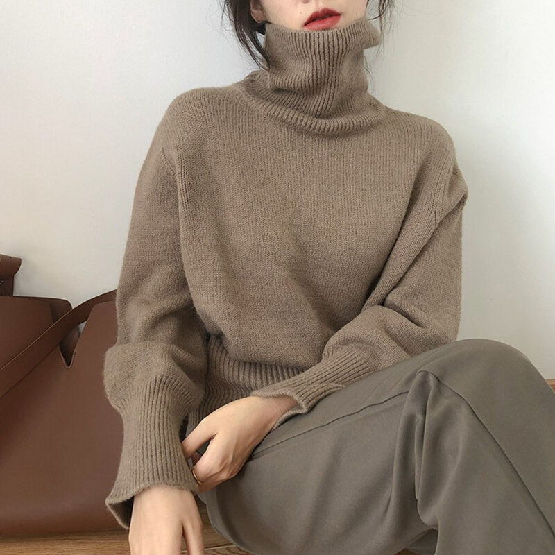 Suéter de cuello alto para mujer, jersey de Cachemira de manga larga, holgado, cálido, Tops, ropa de invierno, 28598