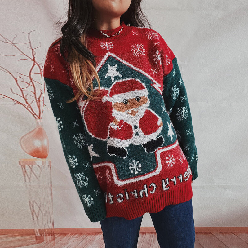 2023 New Year Sweater Santa Claus Snowflake Contrast Panel Round Neck Long Sleeve Knit Pullover