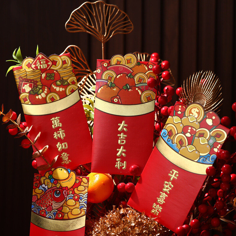 中国の春のフェスティバルラッキーな赤い封筒、ドラゴンパターン、新年、お金のポケット、結婚式、お金のバッグ、6個、2024