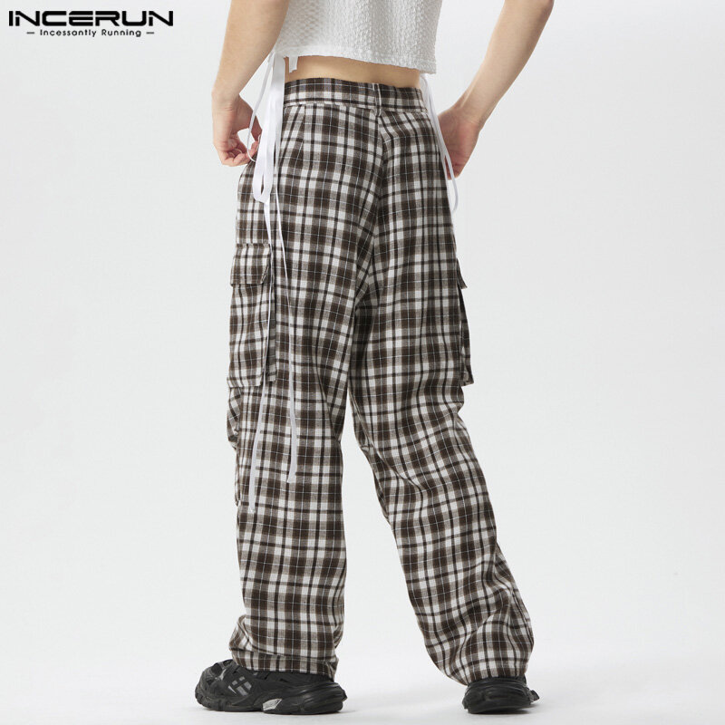 INCERUN-Corredores de botão xadrez masculino, bolsos plissados soltos, calças retas casuais, streetwear, pantalão retrô, S-5XL, 2022